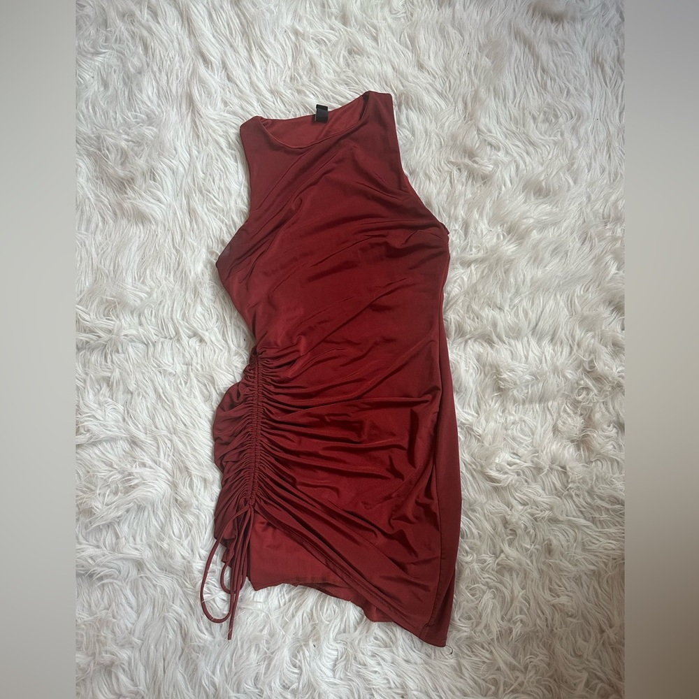 Burnt orange/bronze, side rouched, mini dress